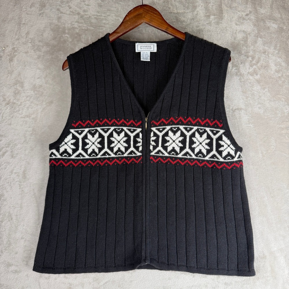 Vintage 90's Grandap XL Black Fair Isle Snowflake Zip Up Ribbed Sweater Vest